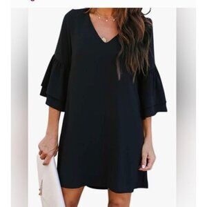 Womens Black V-Neck XL Dress Tiered Ruffle Bell Sleeves Flowy Silhouette